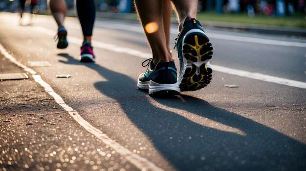 Beenen van hardlopende marathondeelnemers Groep hardlopers op stadsweg Marathon hardlopende race mensen voeten op de weg