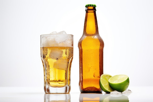 Beer ad and pub night Two clear glass bottles with label less ale dripping and surrounded by ice and