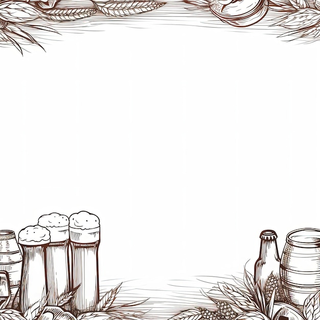 Photo beer background with beer glasses wheat and hop hand drawn style illustration generative ai