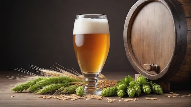 Beer Barrel And Glass With Wheat And Hops On Wooden Table