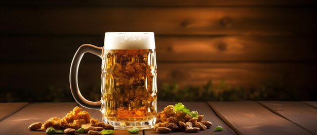 Beer in a beer mug on a wooden table with a beer snack