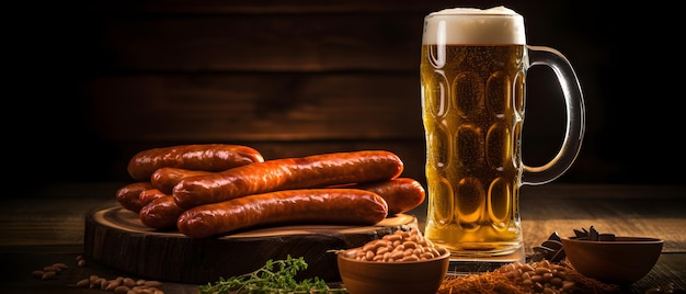 Beer in a beer mug on a wooden table with sausage