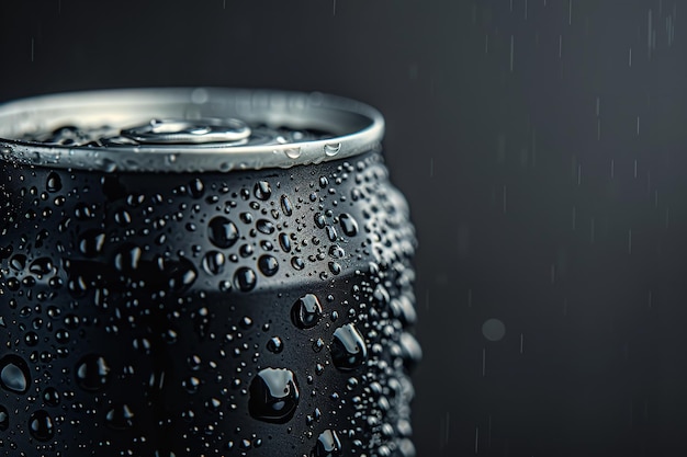 Beer or beverage can made of black aluminum with drips Generative Ai