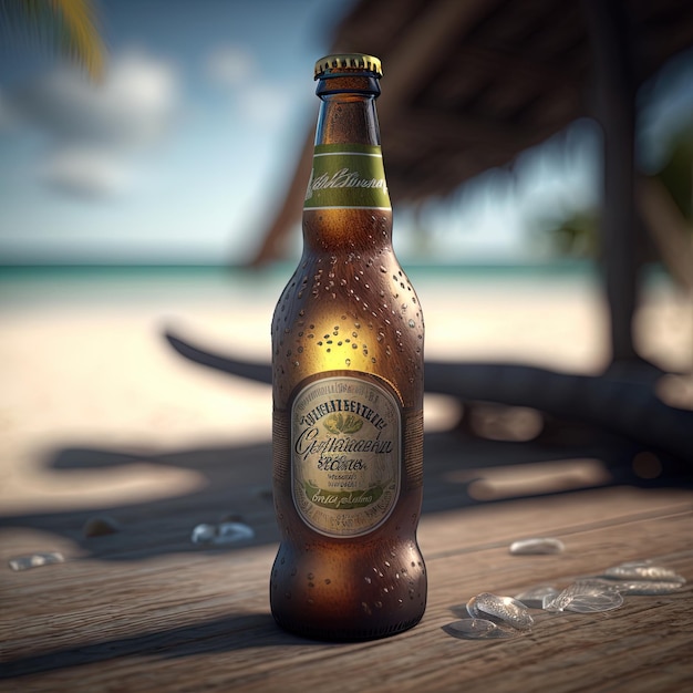 a beer bottle in the beach isolated, alcohol or brewery drink advertisement