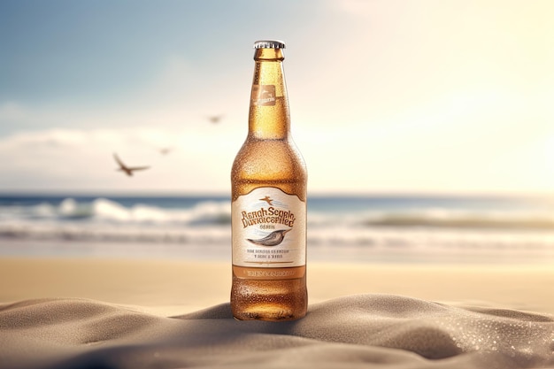 ビーチの砂の上のビール瓶