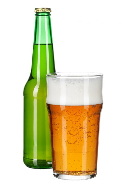 Beer bottle and beer glass on white 