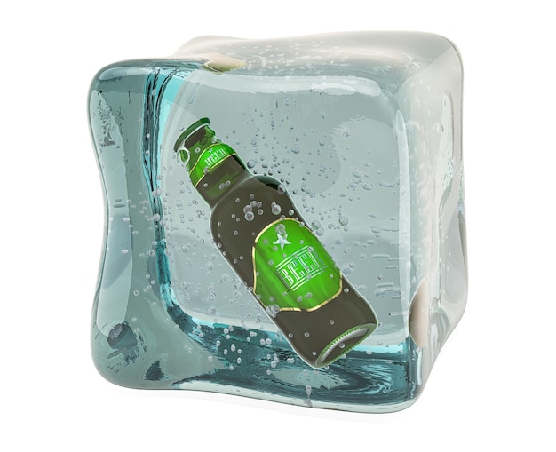 Photo beer bottle frozen in ice cube 3d rendering