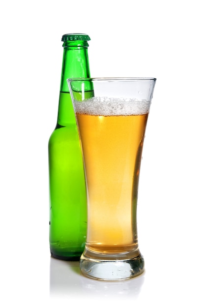 Beer in bottle and glass isolated on white