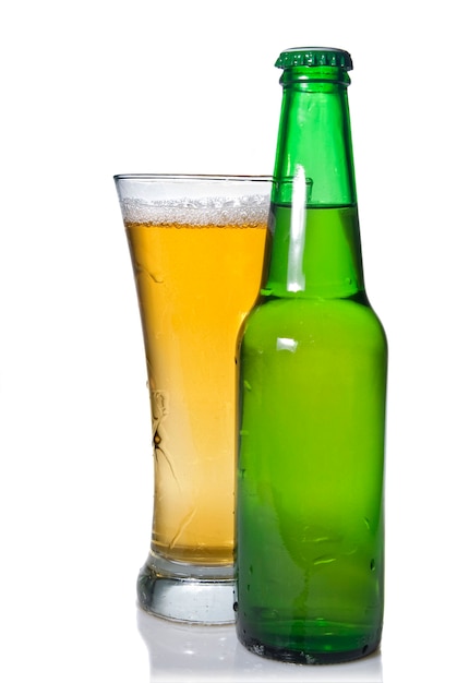 Beer in bottle and glass isolated on white