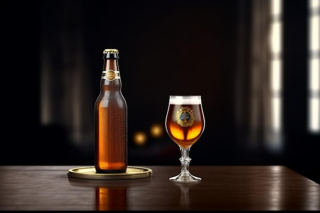 Beer bottle and glass on a wooden table Dark background Copy space