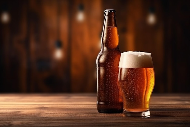 Beer bottle and glass on a wooden table Dark background Copy space