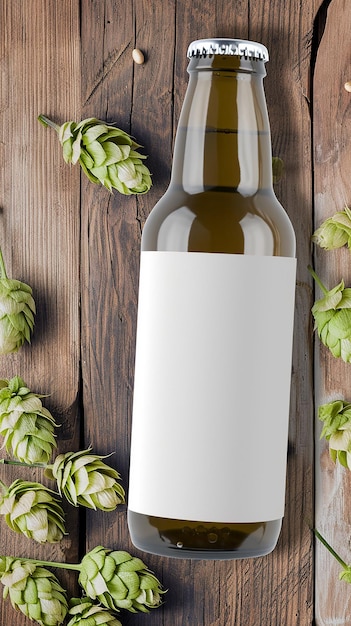 Beer bottle lies on wooden background