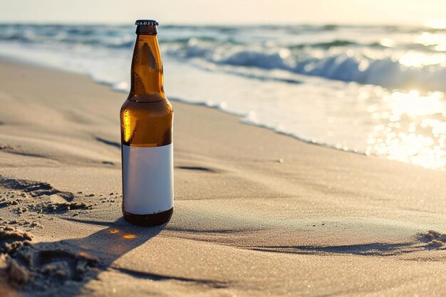 a beer bottle sitting on top of a sandy beach