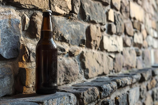 a beer bottle sitting on top of a stone wall