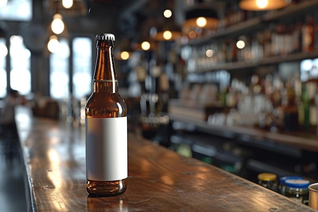 a beer bottle sitting on top of a wooden bar