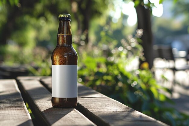 Photo a beer bottle sitting on top of a wooden table