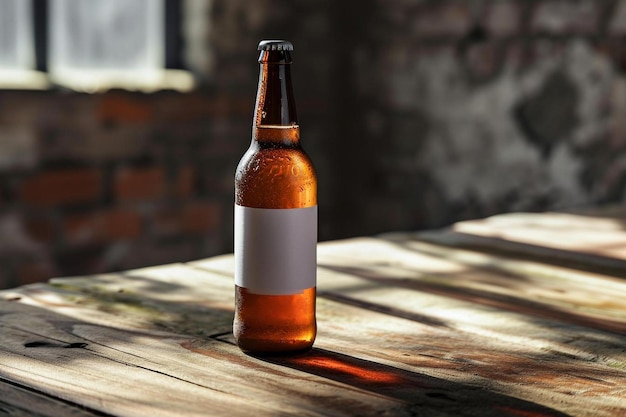 Photo a beer bottle sitting on top of a wooden table