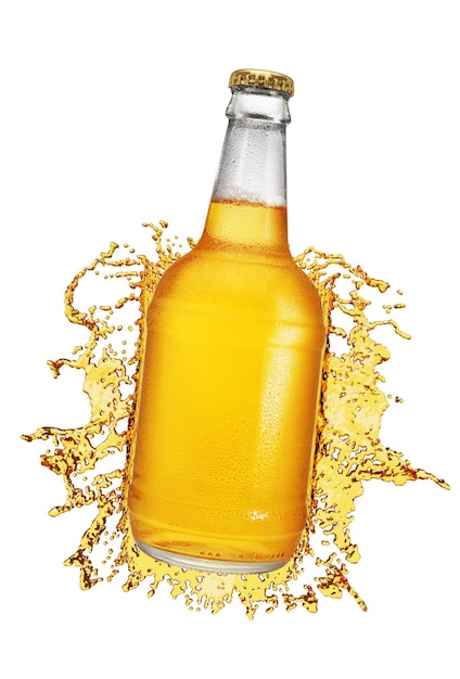 Beer bottle with droplets and splash isolated on white