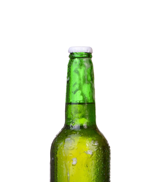 Beer bottle with drops isolated on white