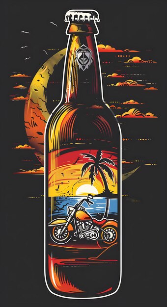 Photo beer bottle with label featuring a motorcycle and palm tree poster banner postcard design layout