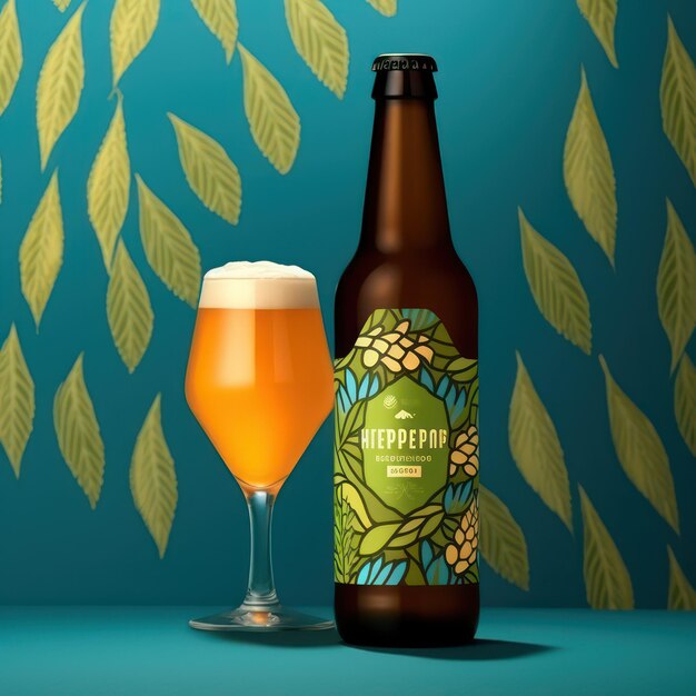 Photo a beer bottle with leaf pattern beer packing