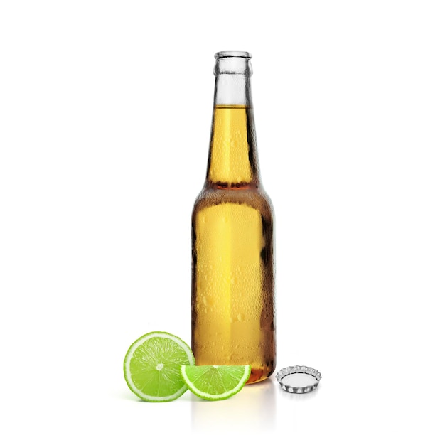 Beer bottle with lemon on white background