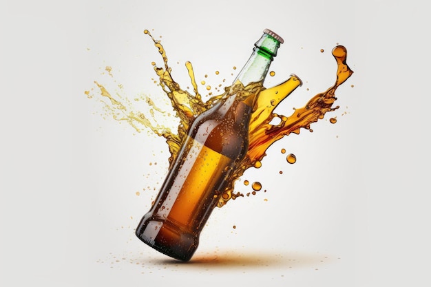 Beer bottle with splattered beer on a white background