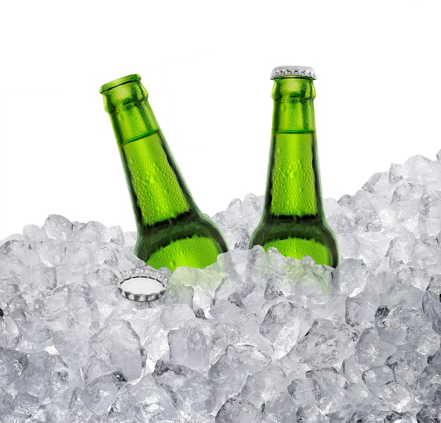 Beer bottle with water drops of cold beverage ice cube a of juicy Summer refreshing drink