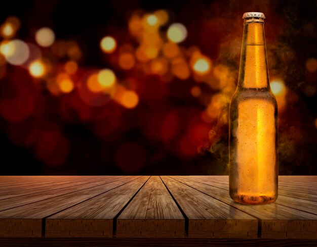 Beer bottle with water drops on wooden table shining bokeh background concept for choosing best design