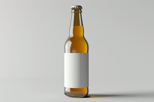 a beer bottle with a white label on it