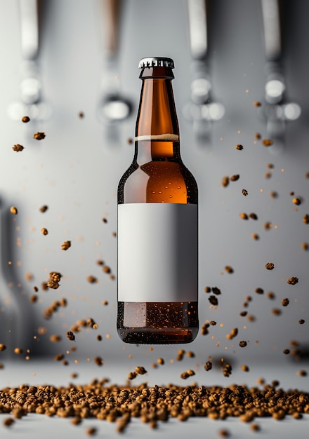 Beer bottle with white label with dry hops background