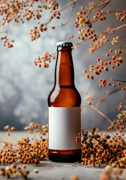 Foto bottiglia di birra con etichetta bianca sullo sfondo di luppolo secco