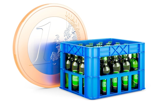 Beer bottles in crate with euro coin 3D rendering