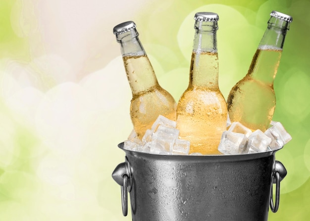 Beer bottles in ice on beach background