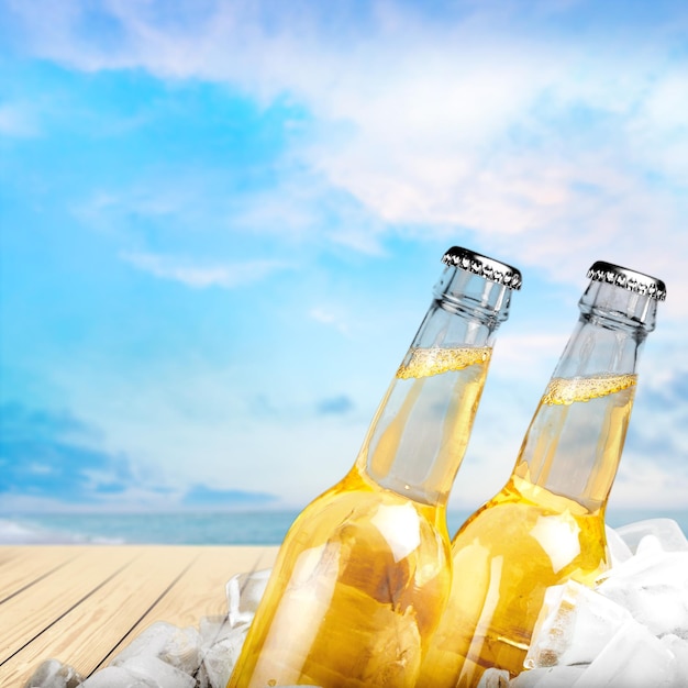 Beer bottles in ice on light background