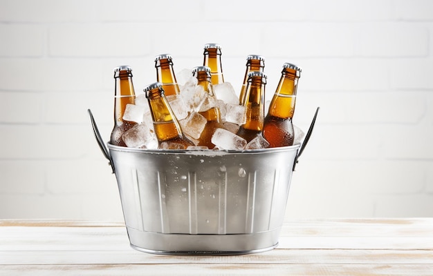 Beer bottles in metal basket with ice cubes on light background for party drink