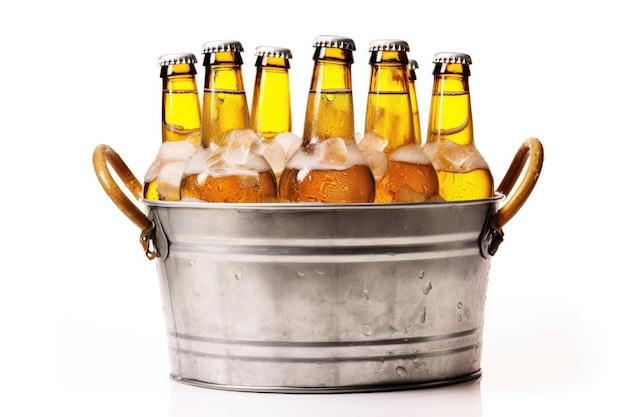 Beer bottles in metal bucket isolated on white background