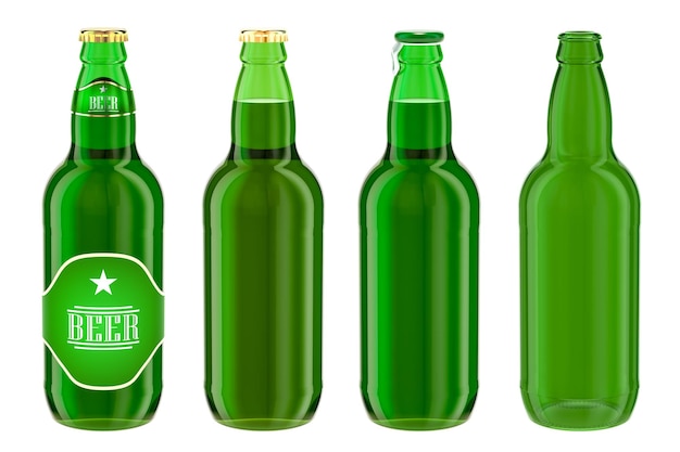 라벨이 가득한 맥주 병과 빈 3D 렌더링