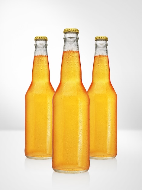 Beer bottles with long neck on white surface. Mock-up design presentation.