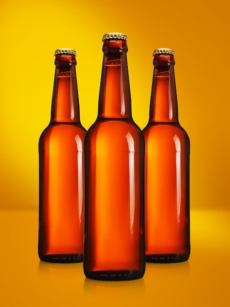 Beer bottles with long neck on yellow background mockup