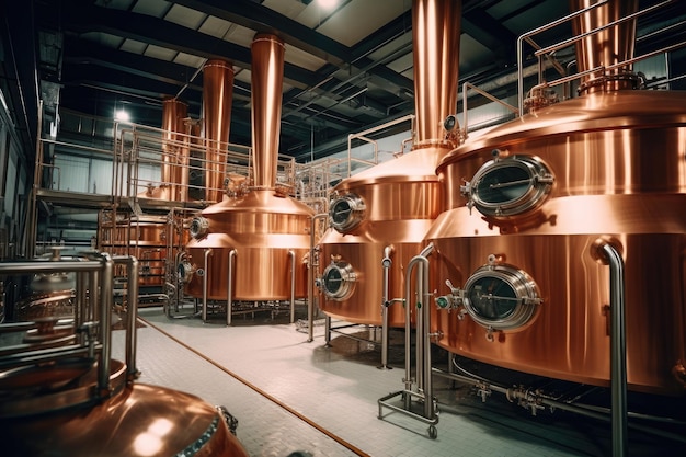 Beer brewery with copper vats view of interior Traditional copper vats in a modern brewery Craft bee