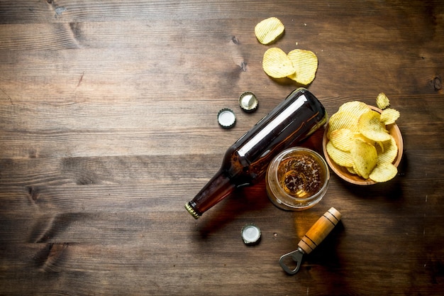 Beer and chips in the bowl