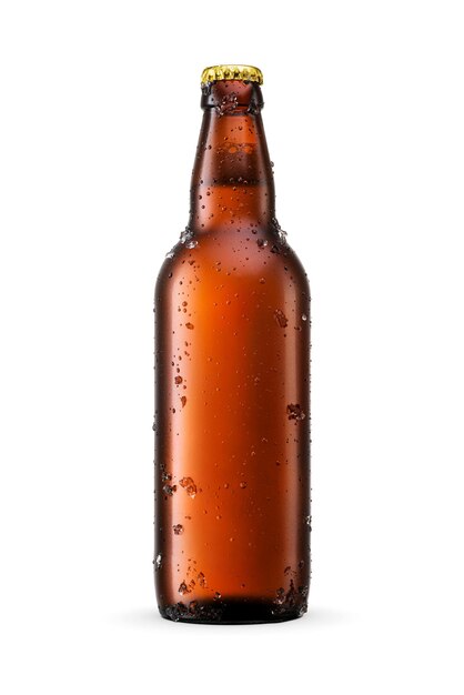 Beer in clean brown amber glass bottle with water droplets and ice crystals isolated on white background