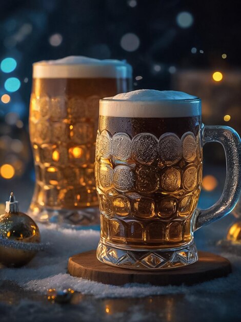 Beer cups decorated with a festive New Year theme vibes