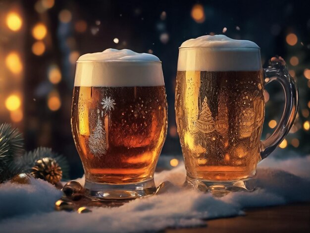 Beer cups decorated with a festive New Year theme vibes