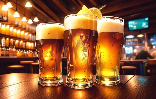Пиво Полный стакан алкогольного напитка на барной стойке Generative AI