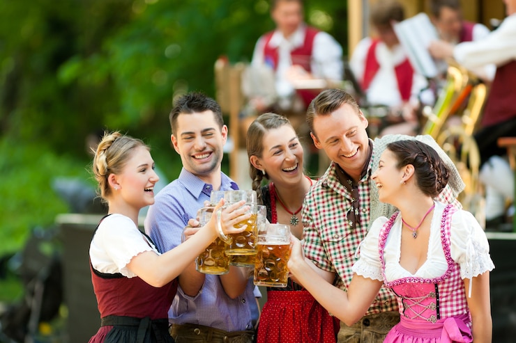 Photo in beer garden - friends in front of band