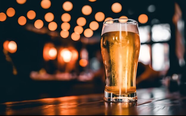 Beer in a glass on a bar under the bokeh light