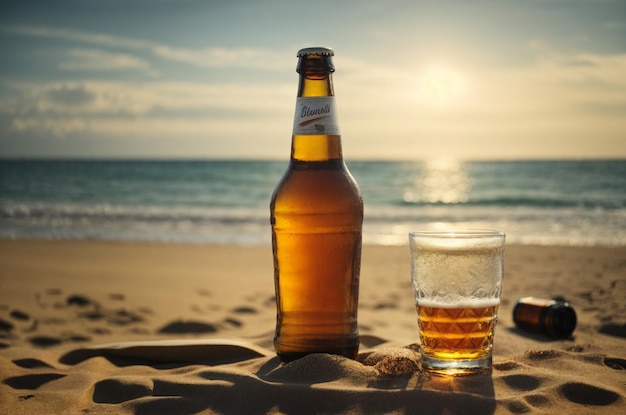 beer glass at the beach background