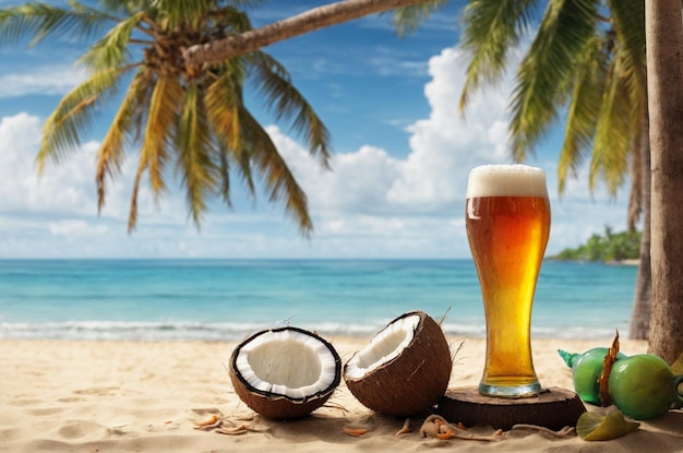 beer glass at the beach background